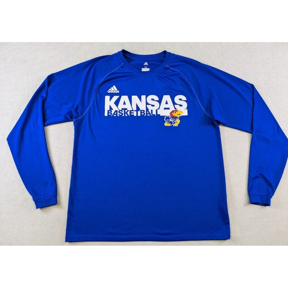 Kansas Jayhawks Shirt Mens Medium Blue Adidas Basketball Training Long Sleeve